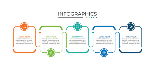 Process business infographic thin line with square template design with icons and 5 options or steps.