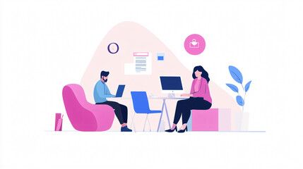 travel agent planning trip with couple in modern office setting. scene features man and woman working on laptops, surrounded by stylish furniture and plants, creating productive atmosphere