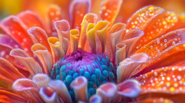 Vibrant Zinnia Macro: Epigynous Ovary, Petals, Dewdrops