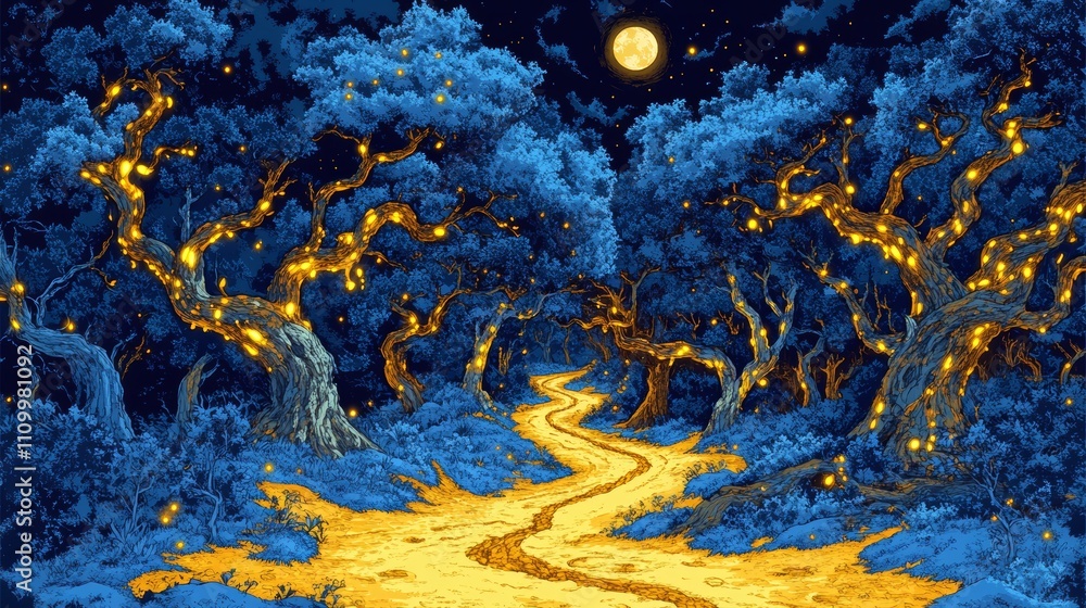 Poster a winding path through a moonlit forest with fireflies illuminating the trees.