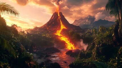 Erupting volcano at sunset in a tropical jungle landscape.