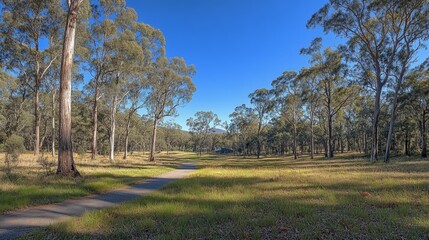 Obraz premium A winding paved path through a grassy field, bordered by tall trees, leads towards a forested area in the distance, under a clear blue sky.