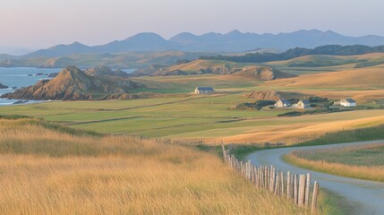 A winding road leads through a picturesque landscape of rolling hills, farmhouses, and a distant coastline.