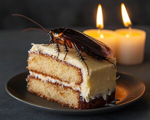 Cockroach Perched on Slice of Birthday Cake with Burning Candles Disturbing Contrast of and Contamination