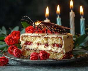 Disturbing Contrast Cockroach Perched Atop a Birthday Cake with Burning Candles