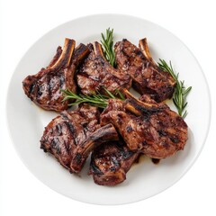 A plate of tender grilled lamb chops with rosemary garnish, isolated white background, minimalistic art style