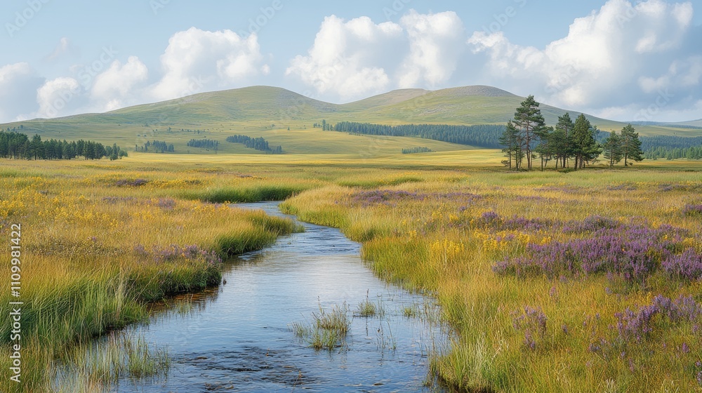 Poster a winding stream flows through a meadow towards the foothills of a mountain range under a clear blue