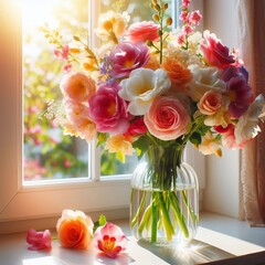 A bouquet of flowers in a vase on a sunny windowsill with vibran