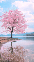 Spring cherry tree blossom nature, pink sakura in bloom, wooden trunk, Summer cartoon landscape environment object, flowers, petals. Japanese cherry tree icon, pink tree full with flowers