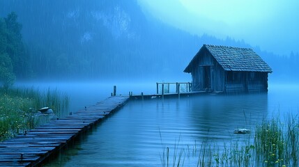 A wooden cabin sits on a lake with a wooden dock leading to it. The water is calm and the sky is overcast. There is fog in the air.