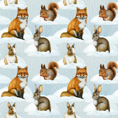 Forest animals in winter nature scene seamless pattern. Hand drawn watercolor vintage style illustration. Winter season fox, bunny, squirrel animals on snowy ground. Perfect for winter mood design