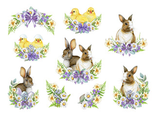 Easter festive hand drawn set with cute bunnies, pastel color painted eggs, yellow chicks and primrose bouquets with daisies and garden flowers. Perfect for cards, decor and seasonal designs
