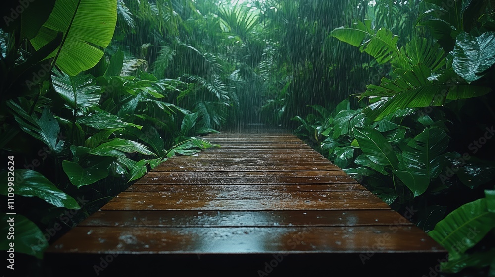 Poster a wooden path through a lush rainforest with sunlight filtering through the canopy.