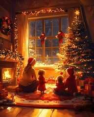 Fototapeta premium Cozy Christmas Scene with Fireplace Tree and Gifts in Warm Festive Home Interior