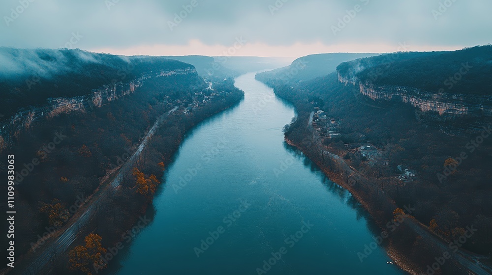 Poster aerial view of a river winding through a valley with fog and clouds in the distance.
