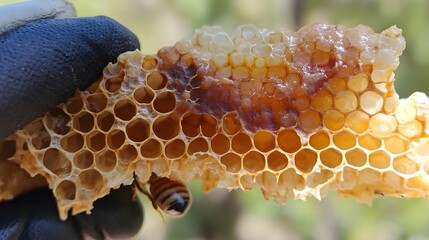 Beekeeper inspecting honeycomb frame outdoors