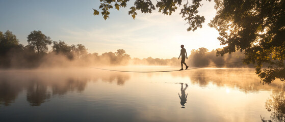 Sunrise Slacklining: Balance, Mist, and Serene Lake