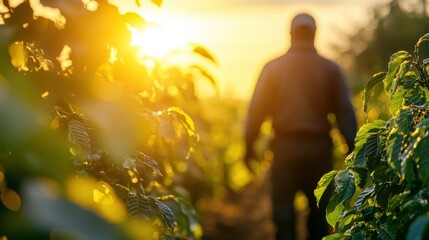 Fototapeta premium Farmer walks through sunlit coffee plantation. Depicts agricultural work, harvest, and coffee production.