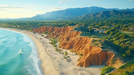 Aerial view of a pristine beach with red cliffs and turquoise water, surrounded by lush green hills.