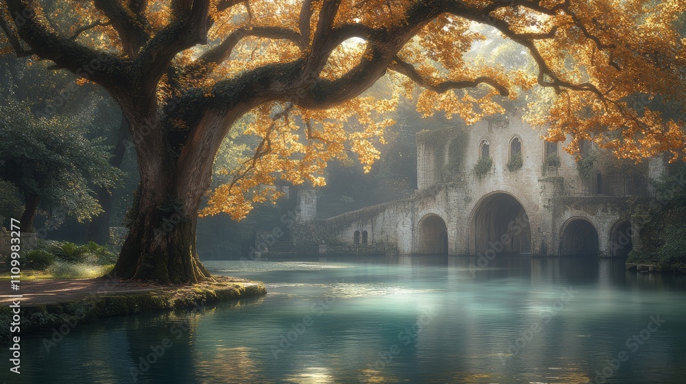 Poster an old stone building sits by a tranquil lake with a large tree in the foreground.