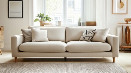 Scandinavian-inspired design with a beige sofa, wooden floors, and a soft patterned rug.