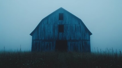 Obraz premium An old, weathered barn stands alone in a field shrouded in thick fog.