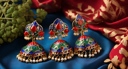 A vibrant depiction of colorful Meenakari jhumka earrings, showcasing enamel work in bright hues of red, green, and blue, paired with golden details, displayed on a silk fabric backdrop.

