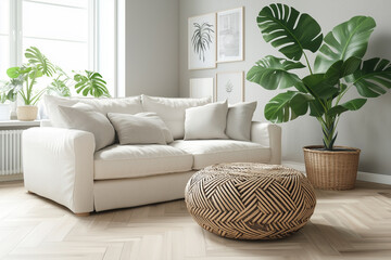 A minimal living room with light oak parquet flooring, a low-profile beige sofa, and a round wooden coffee table.