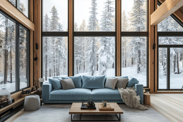 A modern living room with a loft-style design, featuring a soft sofa positioned to enjoy the snowy forest view through panoramic windows.