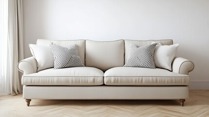 Modern interior design featuring a beige sofa, light wooden flooring, and soft decorative accents.