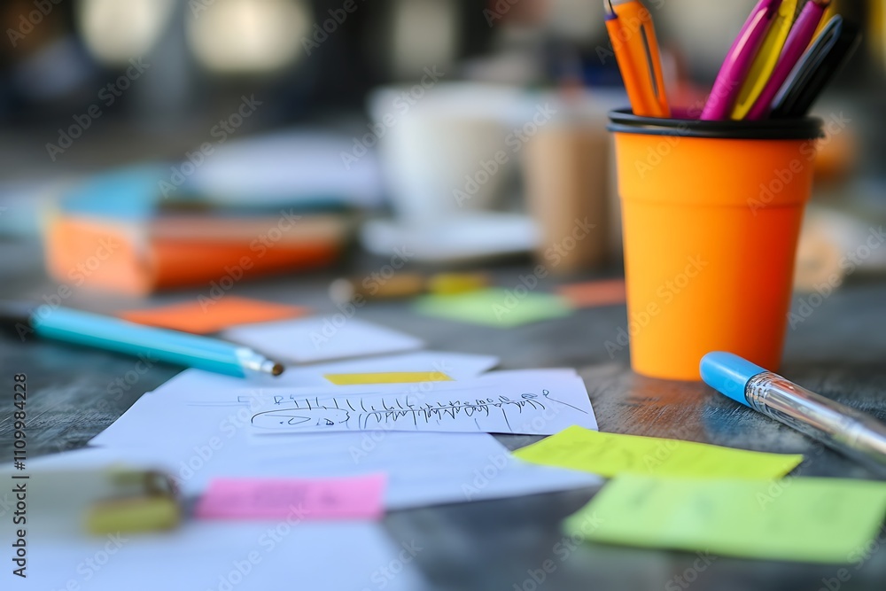 Poster a cluttered workspace with colorful stationery and notes for brainstorming or planning.