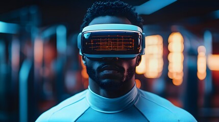 Man wearing futuristic VR headset.