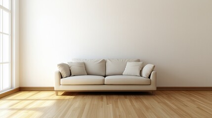 Minimalist living room with a light-toned sofa, wooden flooring, and a clean white wall.