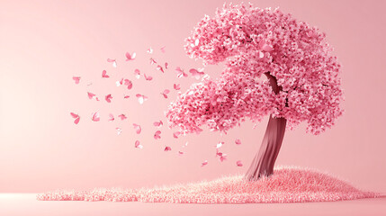 Obraz premium Spring cherry tree blossom nature, pink sakura in bloom, wooden trunk, Summer cartoon landscape environment object, flowers, petals. Japanese cherry tree icon, pink tree full with flowers