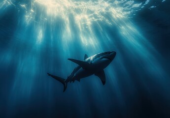 Fototapeta premium Majestic Great White Shark Gliding Through Crystal Clear Ocean Waters Beneath Sunlit Surface Rays, Capturing the Beauty of Underwater Marine Life