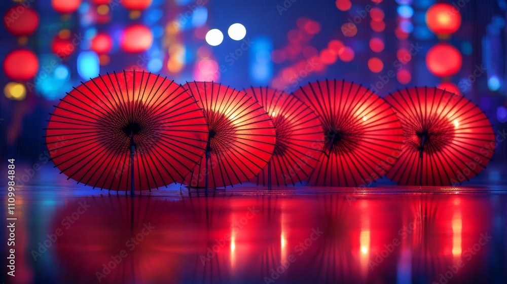 Poster Four red Japanese paper umbrellas illuminated and reflected in a wet surface with blurred lights behind them.