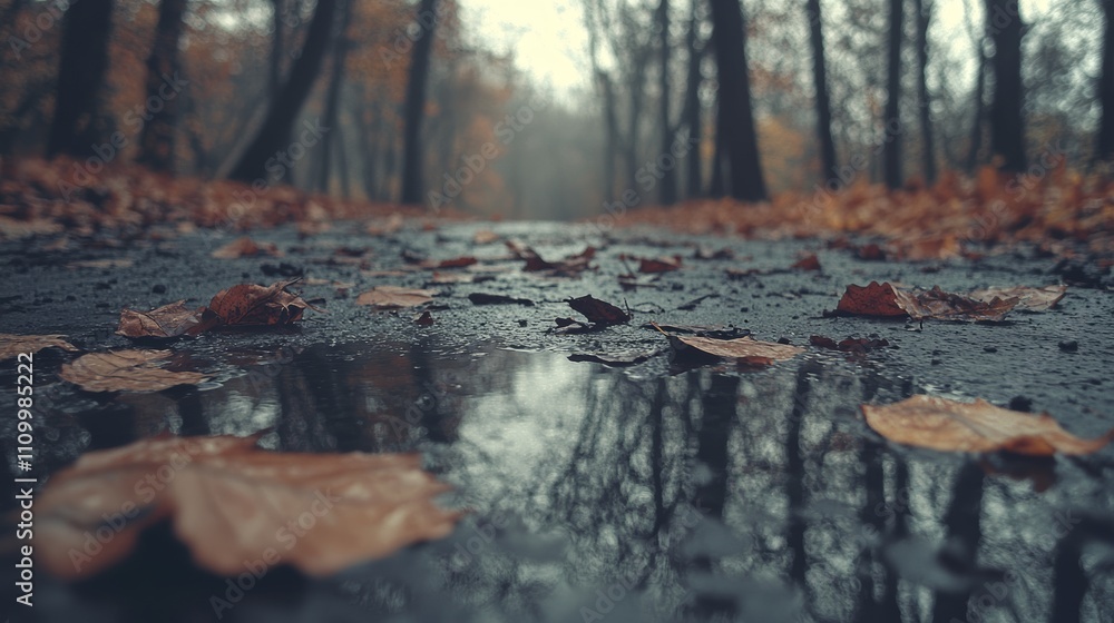 Poster low angle view of a path in a forest with fallen leaves and puddles after rain.