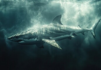 Fototapeta premium Majestic Great White Shark Swimming Gracefully Through Mysterious Underwater Environment with Soft Light Filtering Through the Surface