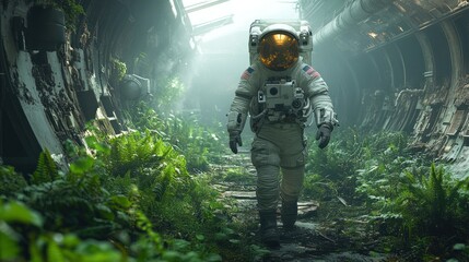 Astronaut Exploring a Lush, Overgrown Alien Structure