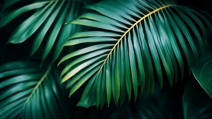 Lush green palm leaves in a dark tropical setting.