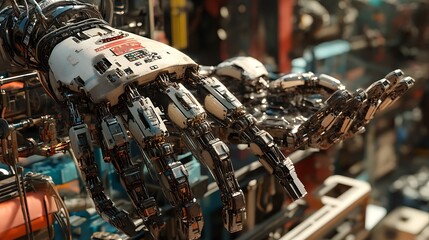 Close-up of a complex robotic hand with metallic and white components, intricate details, and a blurred background.