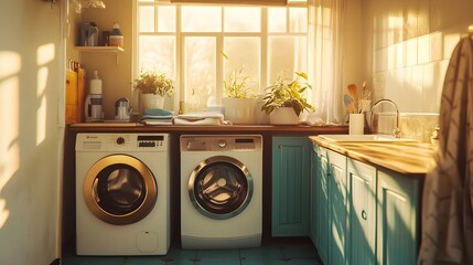 Cozy and Comfortable Home Kitchen with Laundry Appliances