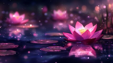 Pink water lilies bloom on a dark, still pond, their reflection shimmering in the water with a soft glow.