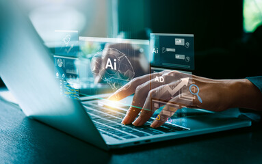Professional Using AI-Powered Laptop and Smartphone to Analyze Data Insights and Marketing...