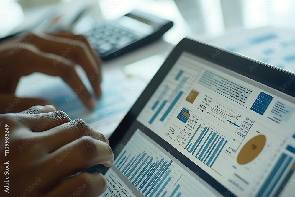 Poster a person analyzing data on a tablet, surrounded by charts and a calculator.