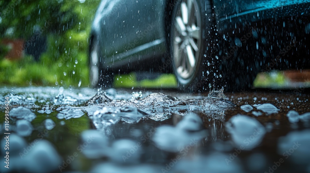 Poster raindrops splashing on wet asphalt in front of a car, creating a beautiful pattern.