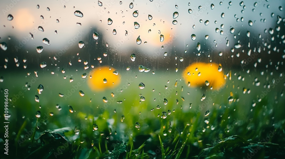 Poster raindrops on a window with a blurred view of a green field and two yellow dandelions.