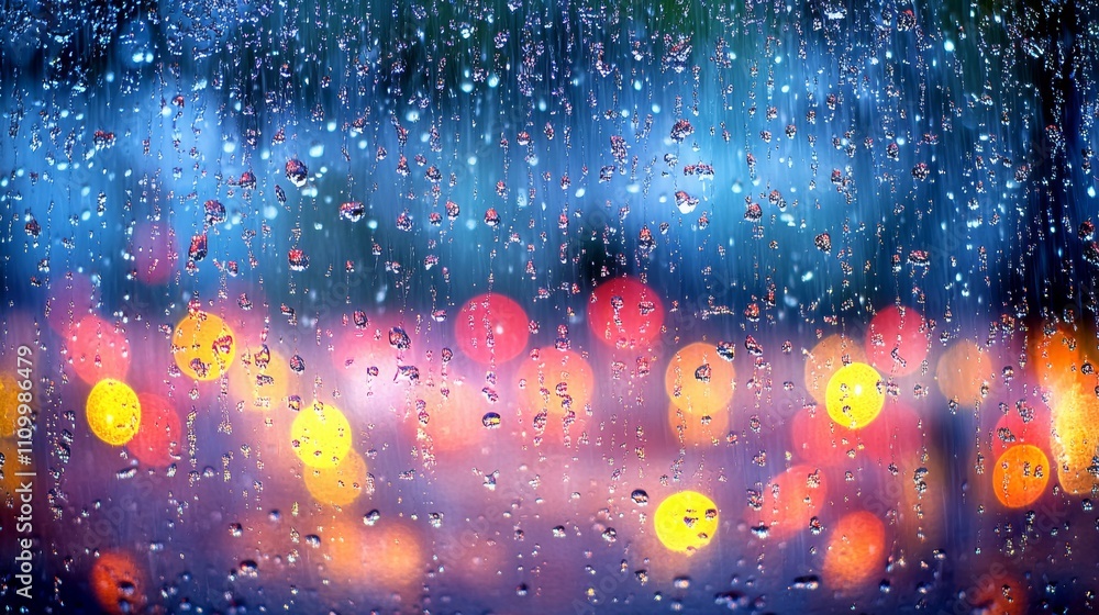 Poster raindrops on a window with colorful bokeh lights in the background.