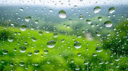 Raindrops on a window pane with a green field in the background.
