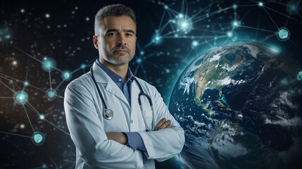 Doctor with stethoscope and digital globe, symbolizing global health and interconnected healthcare systems.